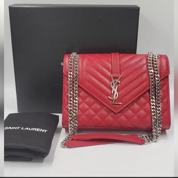 YVES SAINT LAURENT Yves Saint Laurent Logo Stitch Drawstring Leather  Genuine Shoulder Bag Crossbody Red 31602 | eLADY Globazone